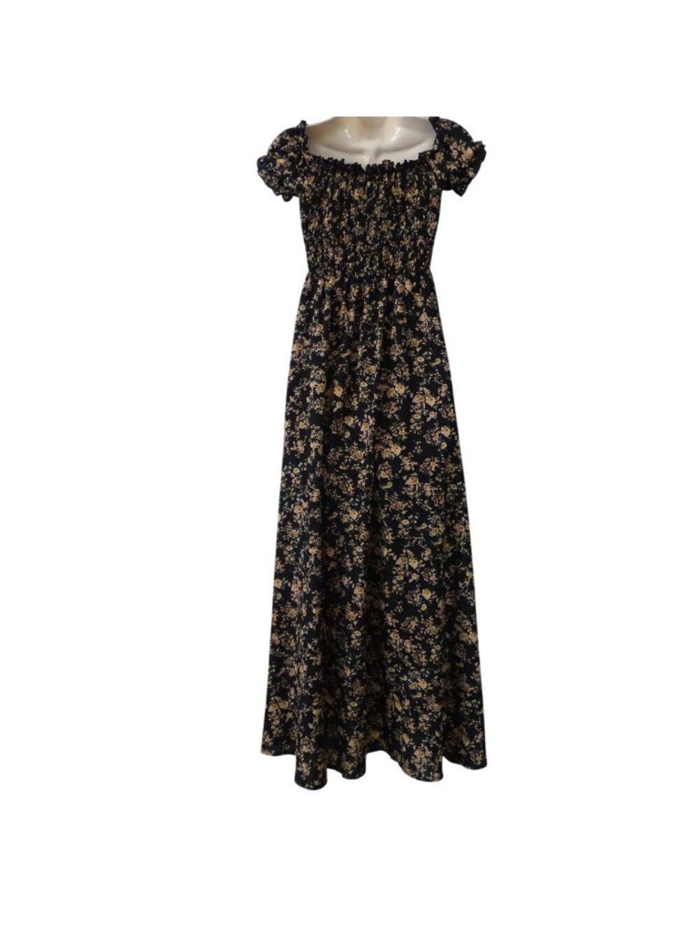 Floral Smocked Off-Shoulder Maxi Dress Black Women Size S Cottagecore Boho - Picture 4 of 10